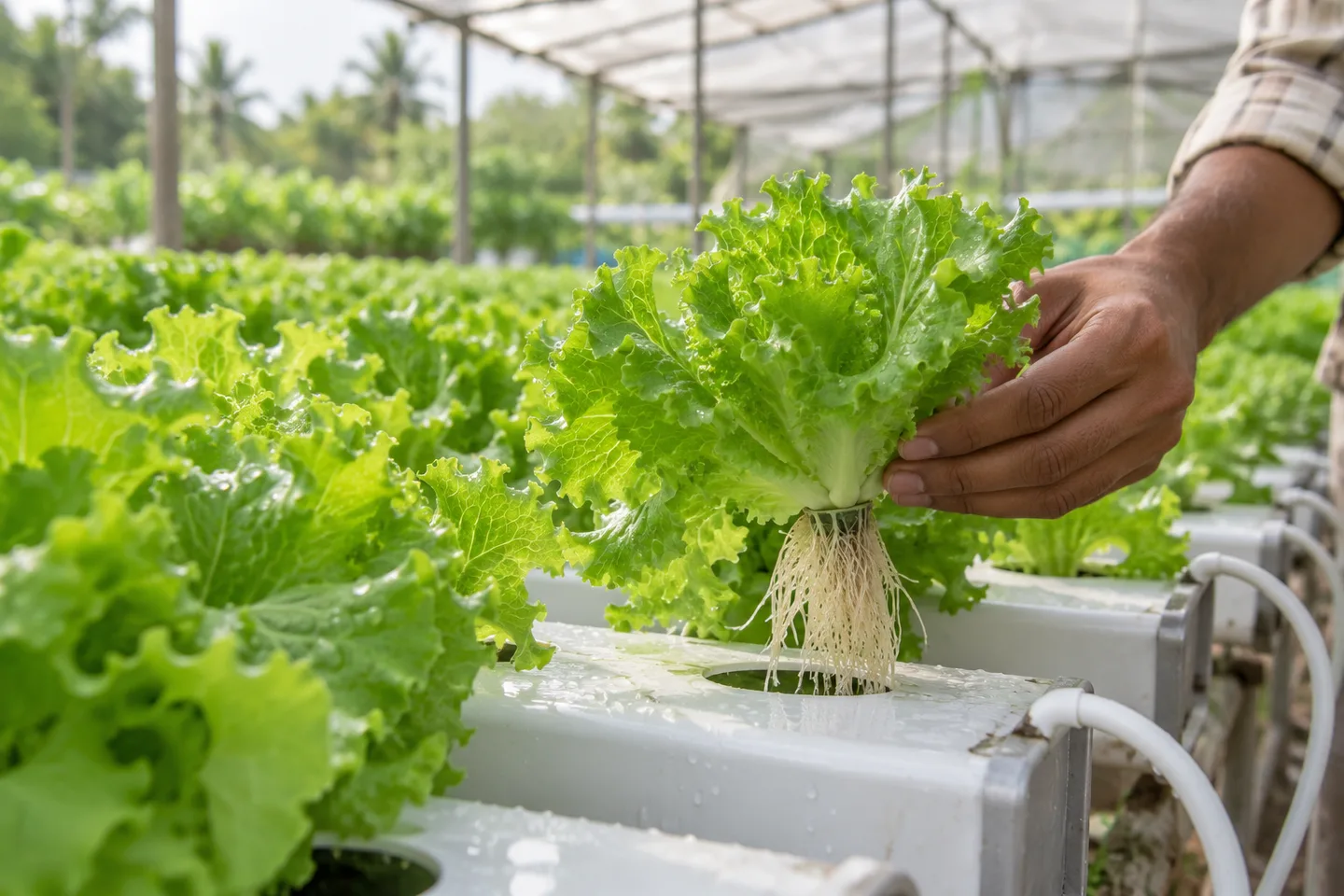 Hands tending a hydroponic plant