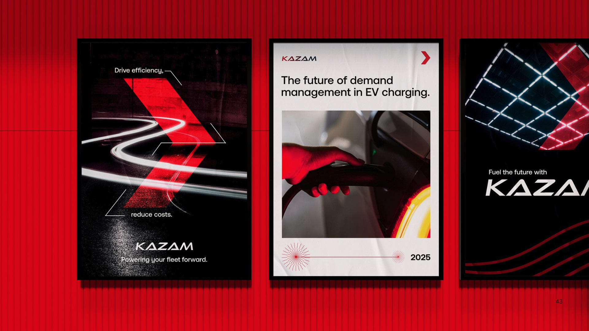 Kazam brand identity across three red, black and white EV charging posters