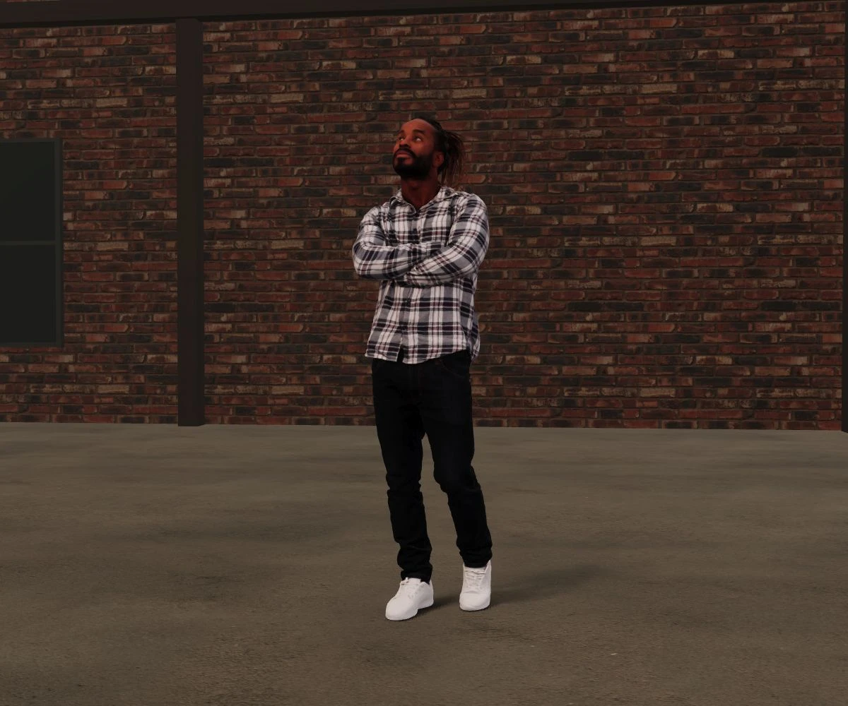 Photographic study of a man wearing a plaid shirt, denim and sneakers