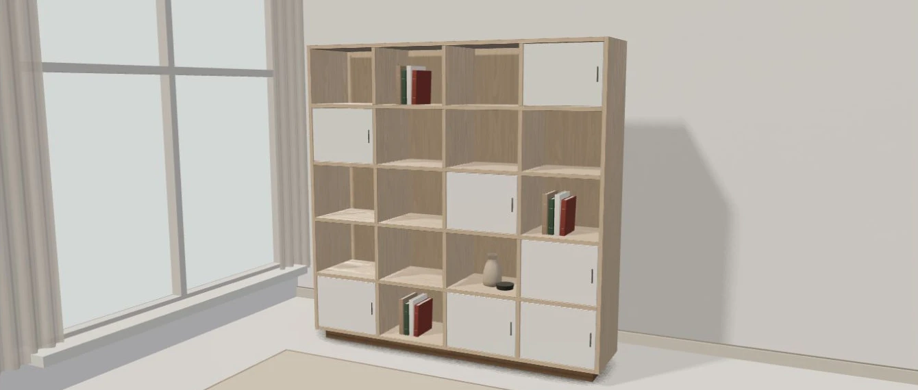 Configurable oak shelving and cabinets in a textured daylight interior